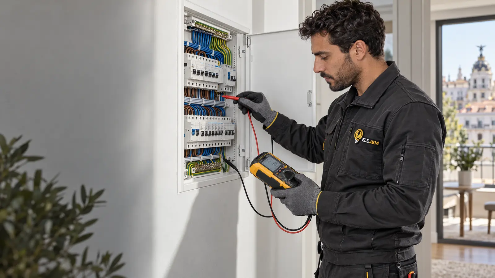 Electricista de ELEJEM realizando mediciones sobre un cuadro eléctrico en Madrid