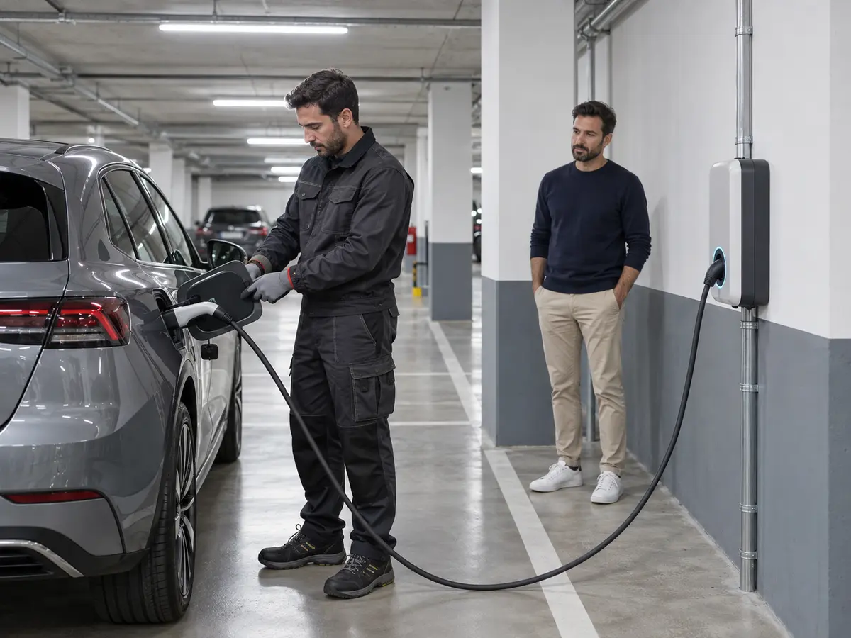 Electricista realizando la comprobación final de un cargador en un garaje comunitario de Madrid