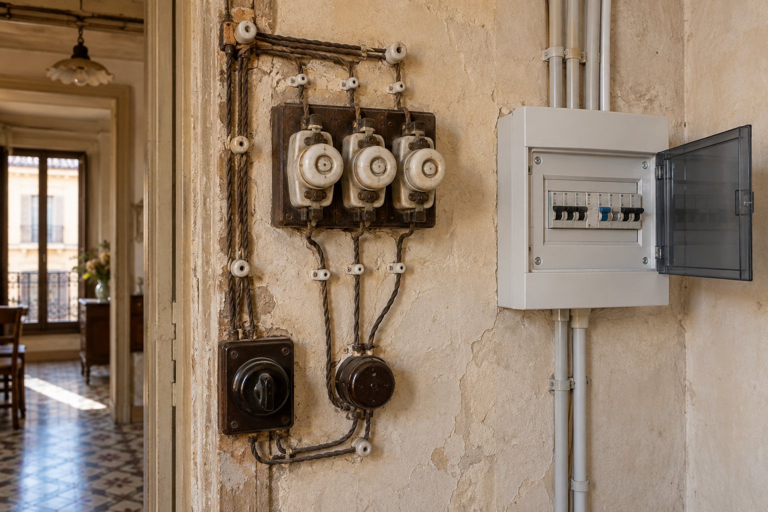 Cuadro eléctrico español de los años cincuenta junto a su renovación moderna
