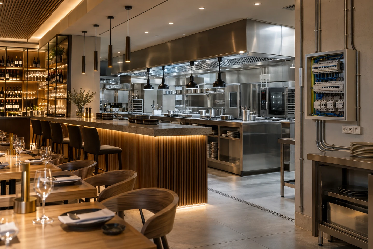 Instalación LED, cableado y cuadro eléctrico en un bar con cocina profesional