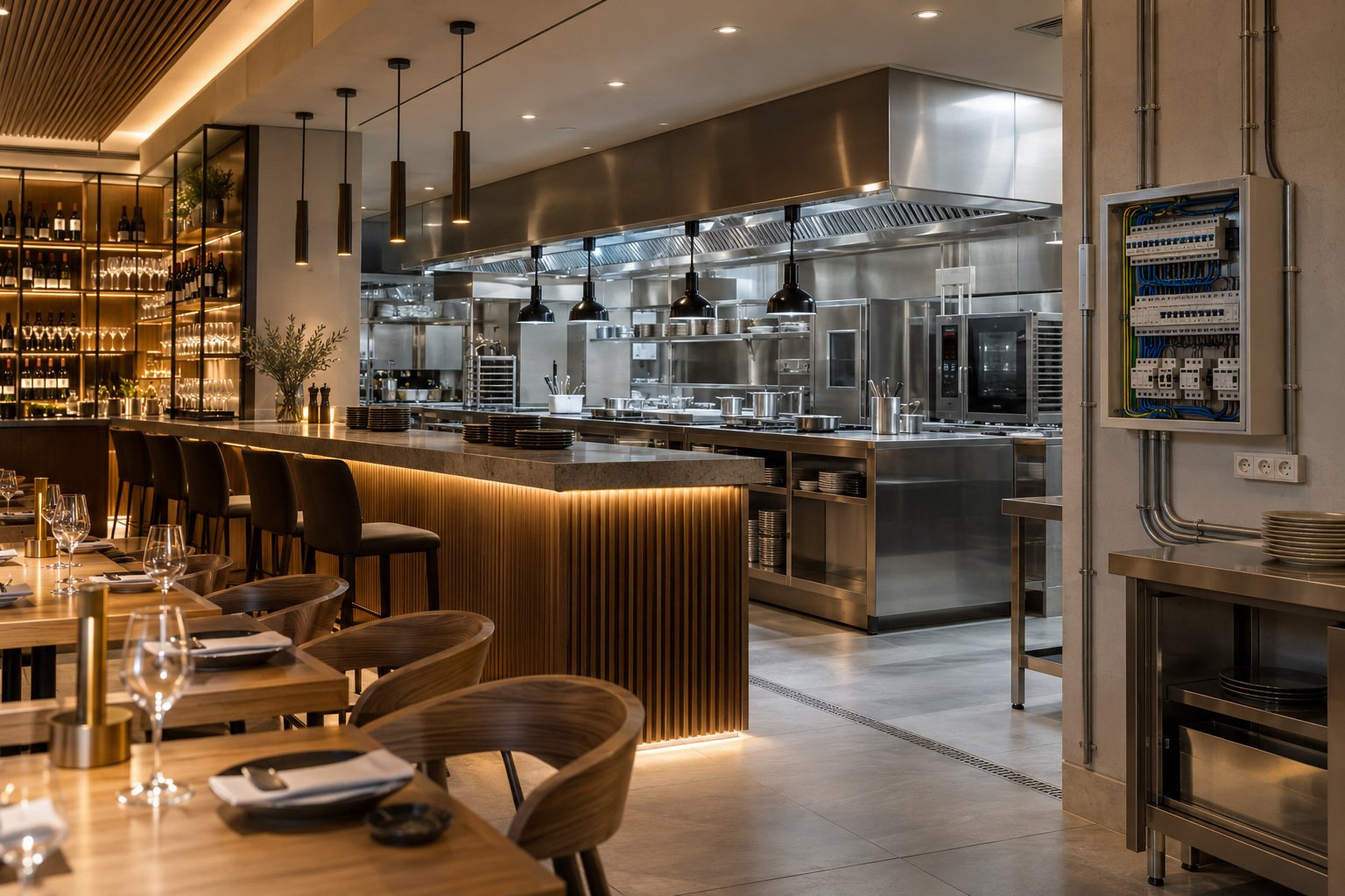 Instalación LED, cableado y cuadro eléctrico en un bar con cocina profesional