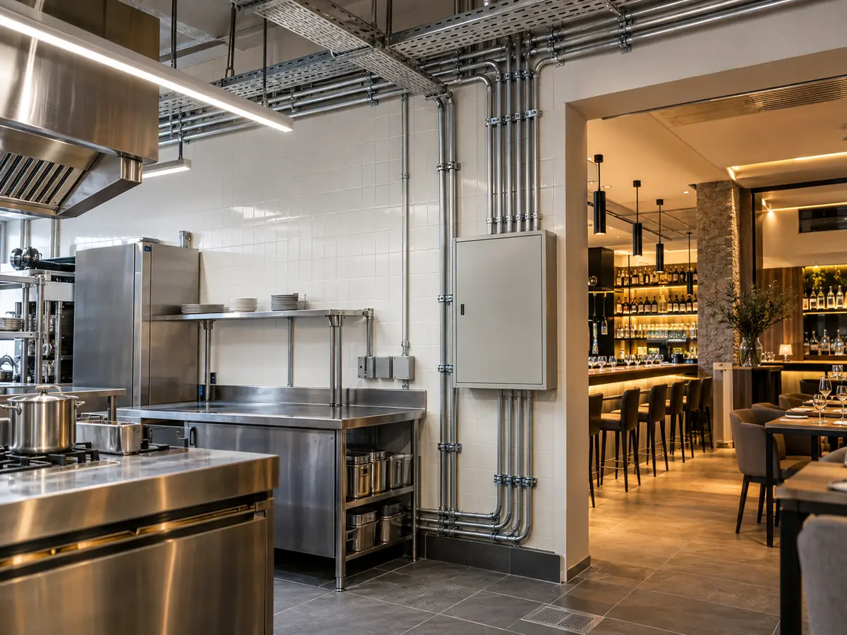 Instalación eléctrica ordenada en una cocina profesional y restaurante de Madrid