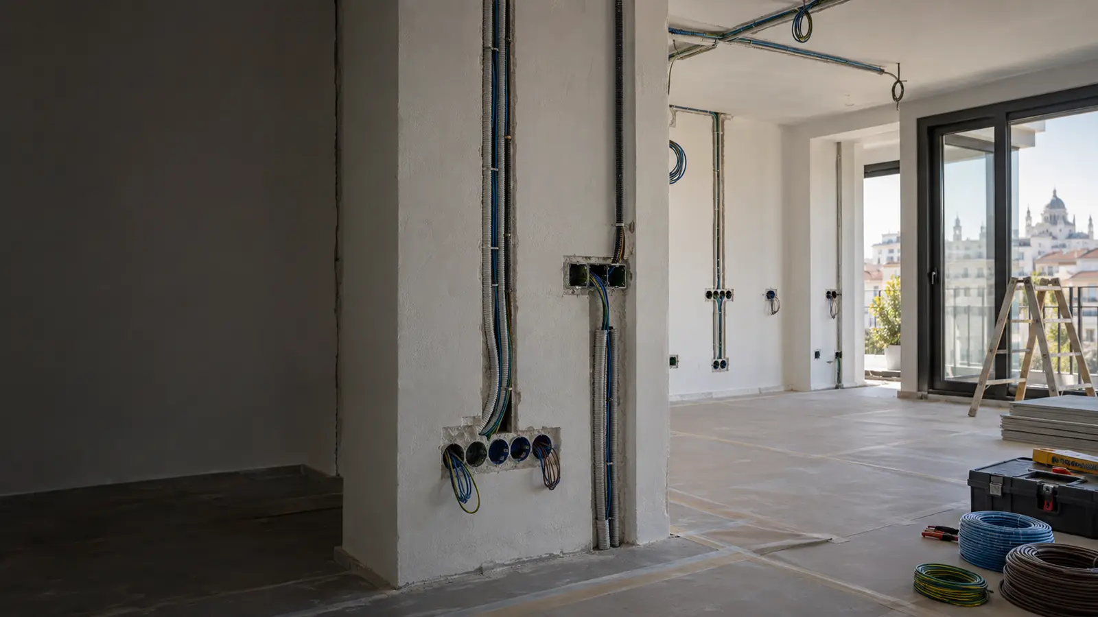 Canalizaciones, cajas y cableado organizados durante una reforma de vivienda en Madrid